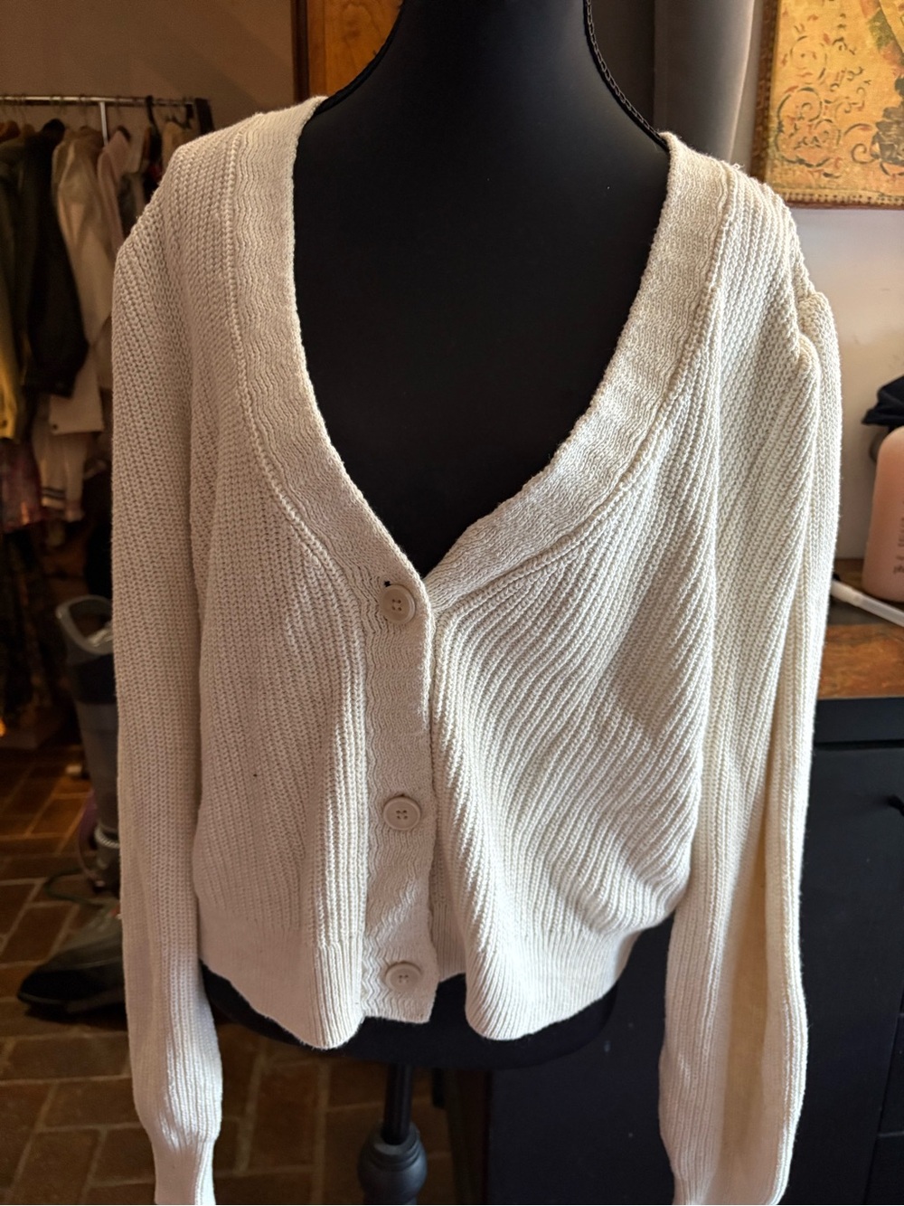 Aerie Cream Button-Front V-Neck Knit Sweater